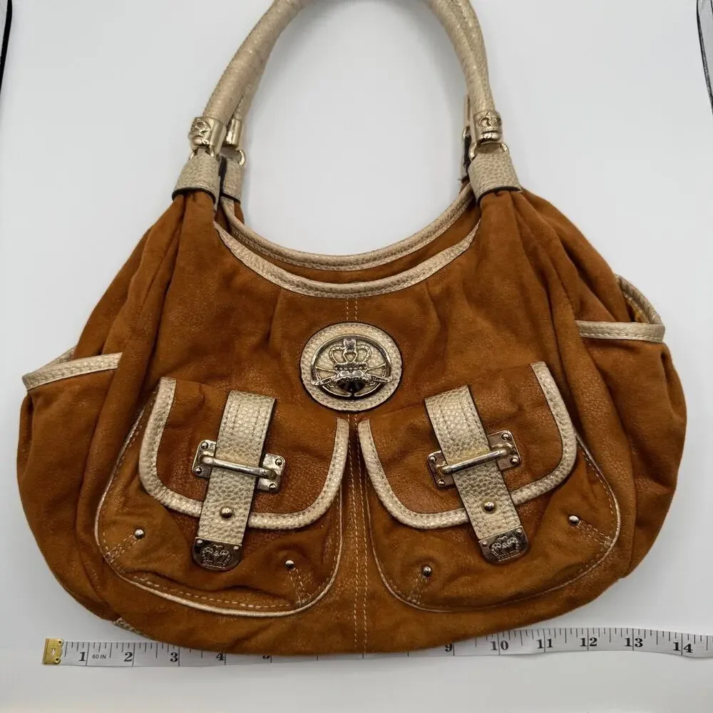 Kathy Van Zeeland Y2K Brown Faux Suede Hobo Bag Gold Crown Studded Purse